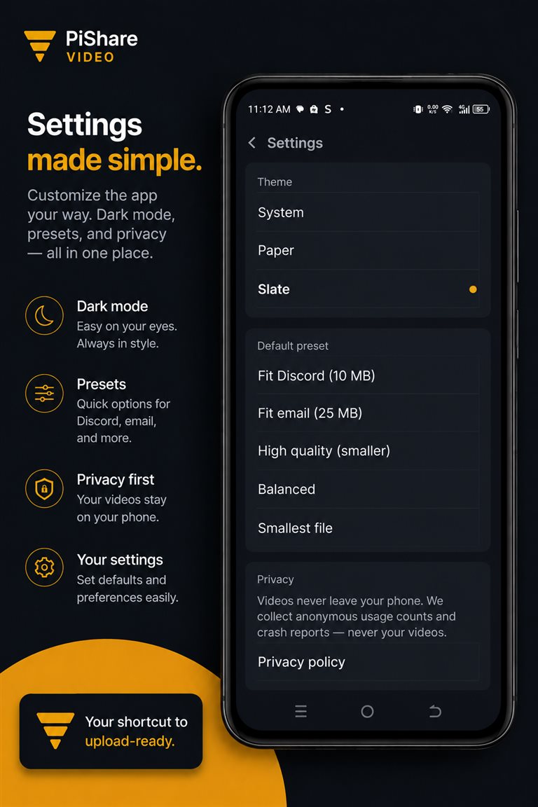 Settings screen: theme, default preset, and privacy